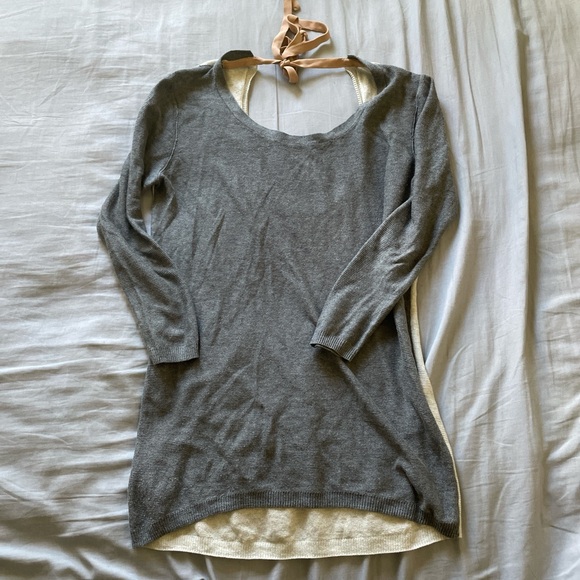 Babaton Sweaters - Gray and Cream Long Sleeve Sweater with Pink Tie